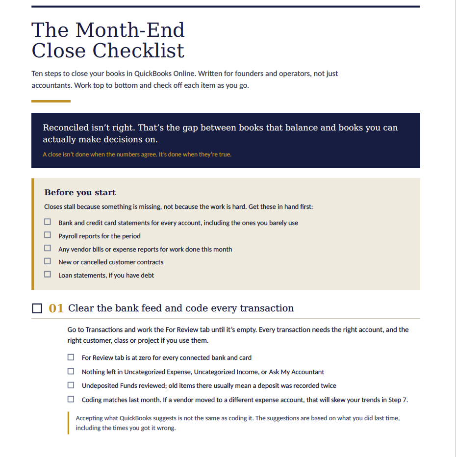 First page of the Resolve Works month-end close checklist for QuickBooks Online